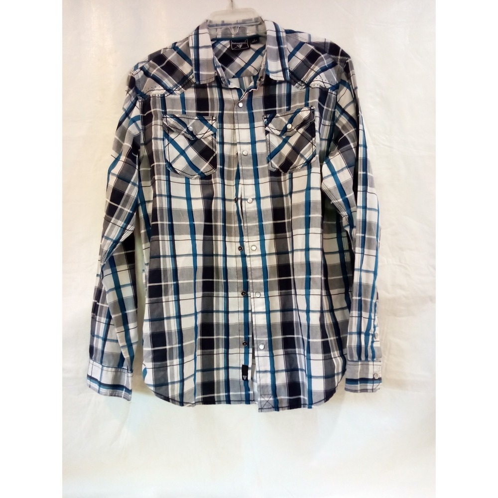 Infringement Mens L Long Sleeve Plaid Snap Front Western Shirt Blue Gray White